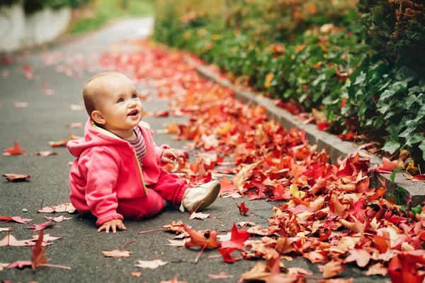 Adorável pequena menina de 9-12 meses de idade jogando ao ar livre em um belo dia de outono — Fotografia de Stock