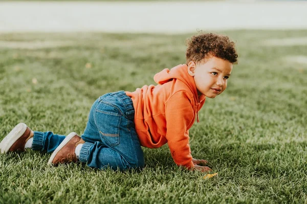 Adorabile divertente bambino che gioca fuori, bambino godendo bella giornata di sole, 1-2 anni bambino africano strisciando sull'erba, film guardare immagine tonica — Foto Stock