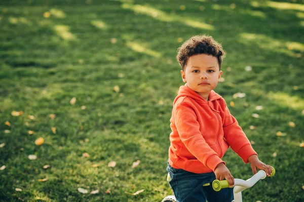 Outdoor portrait of cute little toddler boy playing in the park on a nice sunny day, wearing orange hoody jacket — Stock Photo, Image