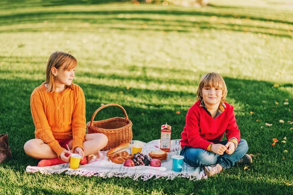 Kinderen eten snacks buiten. Kinderen rust in het park op een mooie zonnige dag, zittend op de deken — Stockfoto