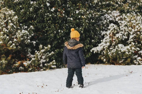 年轻的6岁男孩穿着暖和的夹克和靴子的户外肖像 享受冬季时间 后视图 — 图库照片