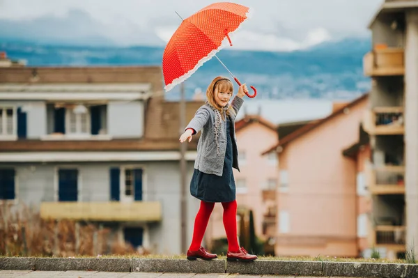 Funny Little Girl Playing Outdoors Big Red Polka Dot Umbrella — Stock Photo, Image