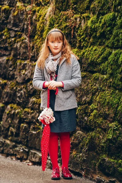 Outdoor Portrait Pretty Year Old Little Girl Wearing Grey Coat — Stock Photo, Image