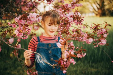 Oldukça küçük bir kız, bir Japon cherry blossom içinde çiçeklerin arasında ayakta açık bahar portresi