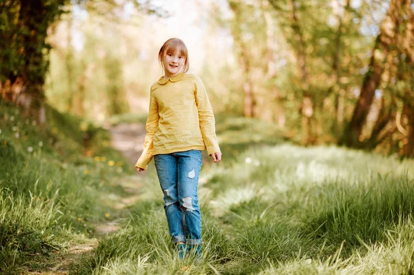 Outdoor Portrait Pretty Little Girl Spring Forest Wearing Green Blouse — Stock Photo, Image