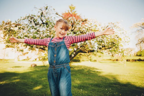 Spring Portrait Cute Little Girl Playing Blooming Garden Nice Sunny — Stock Photo, Image