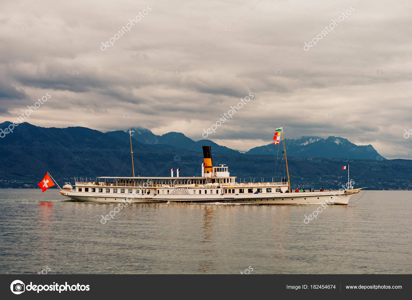 Steam Boat Swiss French Flags Floating Lake Geneva Lac Leman Stock