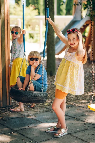 Outdoor Portrait Funny Kids Playing Together Summer Park Happy Childhood — Stock Photo, Image