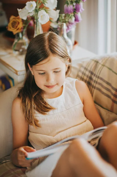 Adorable Kid Girl Resting Comfortable Armchair Reading Story Book — Stock Photo, Image