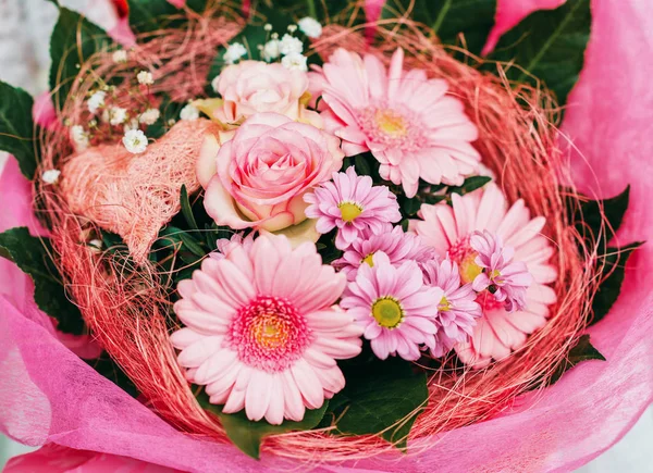 Krásný Měkký Kytice Růžovými Květy Srdce — Stock fotografie