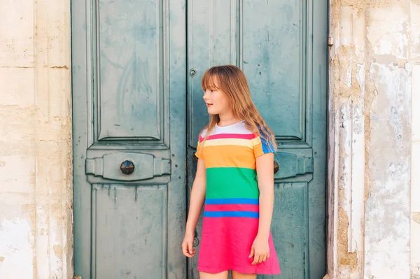 Outdoor Portrait Adorablr Preteen Kid Girl Wearing Colorful Summer Dress — Stock Photo, Image