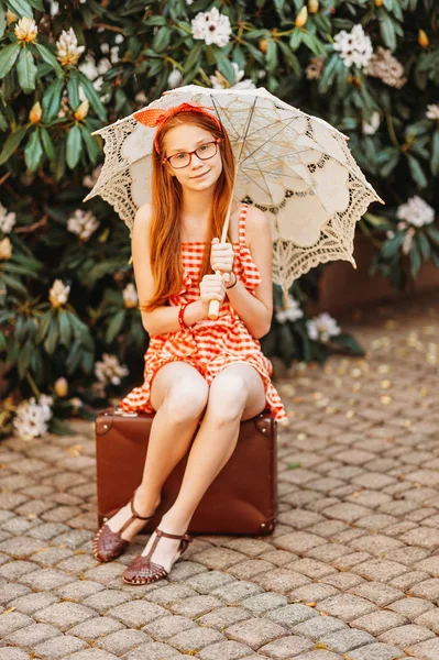 Outdoor Portrait Funny Little Girl Wearing Red Gingham Playsuit Holding — Stock Photo, Image