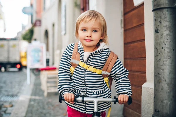 Outdoor Portrait Cute Little Toddler Girl Riding Bike Wearing Backpack — Stock Photo, Image