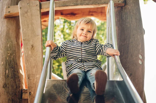 Outdoor Portrait Happy Toddler Girl Playing Playground Active Child Having — Stock Photo, Image