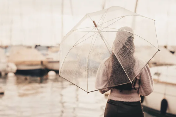 Outdoor Portrait Young Woman Rain Holding Umbrella Looking Far Away — Stock Photo, Image