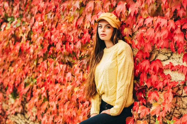 穿着黄色针织套头衫 头戴红色常春藤叶靠墙摆姿势的年轻漂亮女子的秋天肖像 已成为时尚 — 图库照片