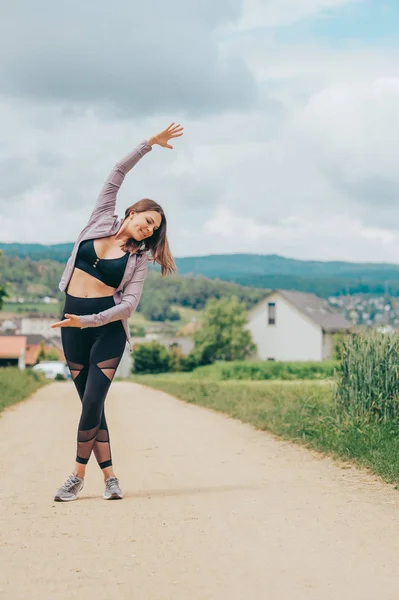 Outdoor Portrait Young Beautiful Fit Woman Wearing Black Activewear Athlete — Stock Photo, Image