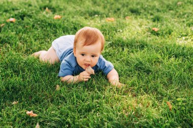 Tatlı kızıl saçlı oğlan yaz parkında taze yeşil çimlerde sürünüyor, kuru yaprak yiyor.