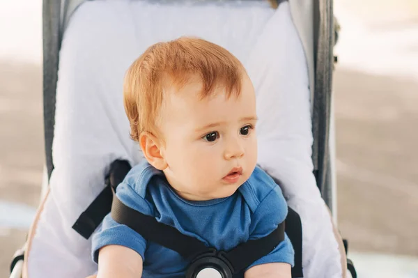 Outdoor Close Portrait Adorable Redheaded Baby Boy Sitting Buggy — Stock Photo, Image