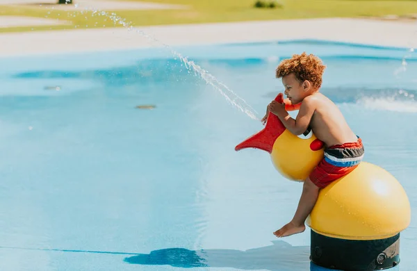 Adorable African Baby Boy Playing Water Playground Hot Summer Day — Stock Photo, Image