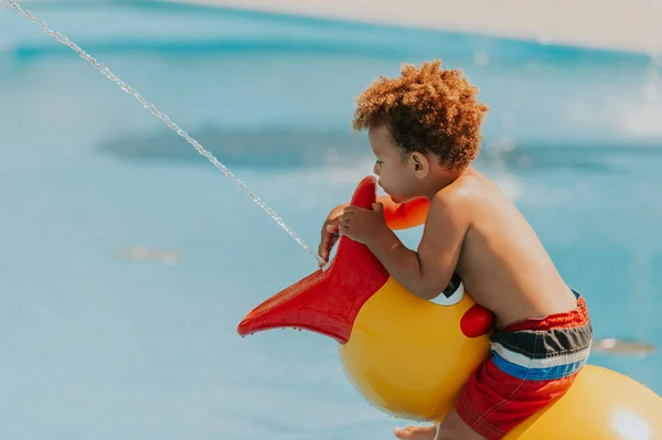 Adorable African Baby Boy Playing Water Playground Hot Summer Day — Stock Photo, Image