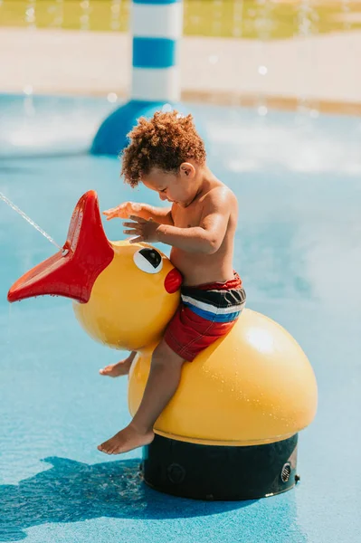 Adorable African Baby Boy Playing Water Playground Hot Summer Day — Stock Photo, Image