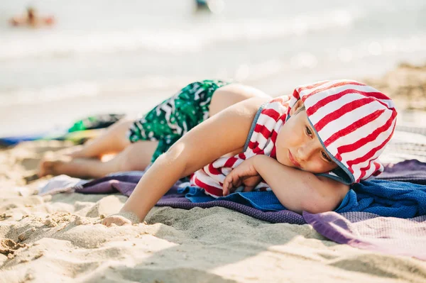 Summer Portrait Cute Little Boy Relaxing Sand Beach Sea Lying — Stock Photo, Image