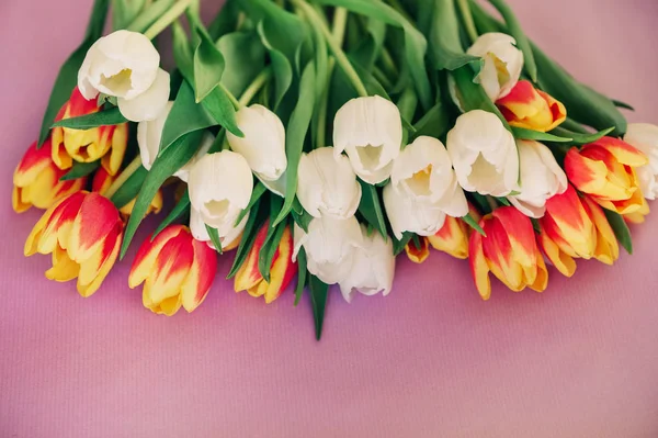 Červené Žluté Bílé Tulipány Ležící Růžovém Pozadí Horní Pohled — Stock fotografie