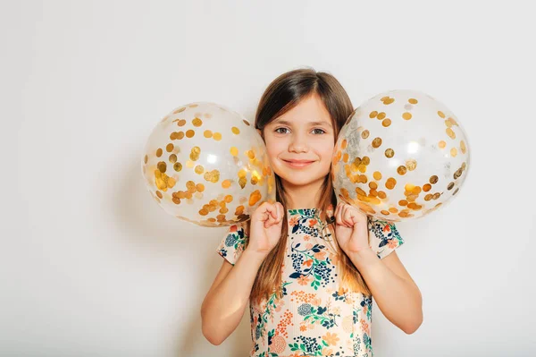 Studio Portrait Cute Little Girl Holding Helium Balloons Golden Glitter — Stock Photo, Image