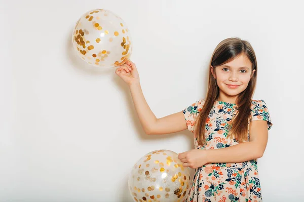 Studio Portrait Cute Little Girl Holding Helium Balloons Golden Glitter — Stock Photo, Image