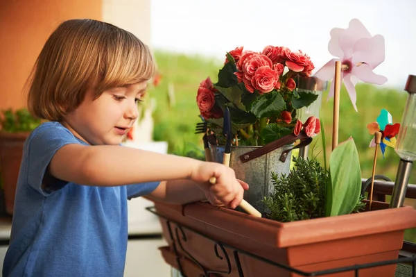 Bonito Menino Plantando Flores Vasos Varanda Pequeno Jardineiro — Fotografia de Stock