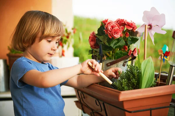 Cute Baby Boy Planting Flowers Pots Balcony Little Gardener — Stock Photo, Image
