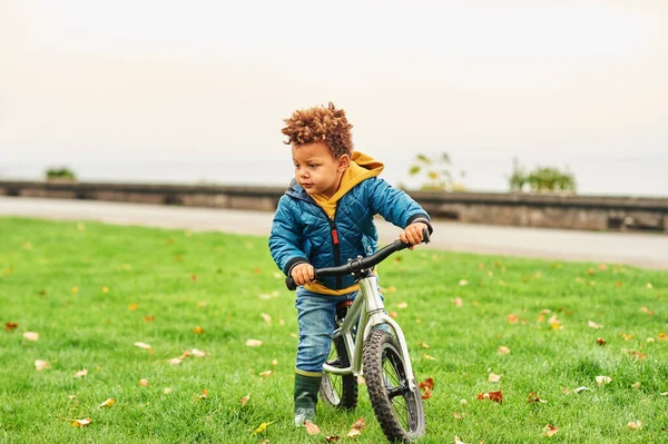 Funny Toddler Boy Riding Bike Park Cute African Kid Having — Stock Photo, Image
