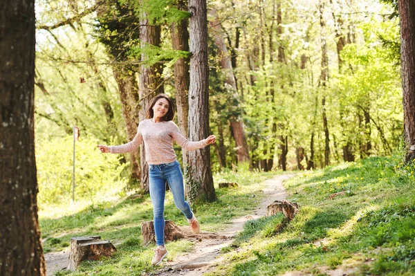 Fit Young Woman Hiking Morning Forest Girl Full Energy Jumping — Stock Photo, Image