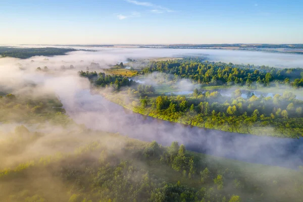 Foggy Morgon Vid Floden Nioman Vitryssland Flygfoto — Stockfoto