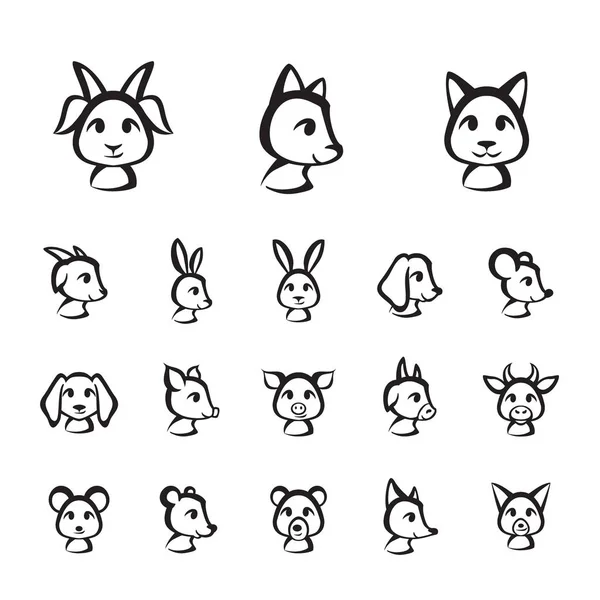 Icon set fırça stil satır hayvan yüzleri — Stok Vektör