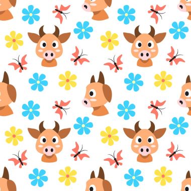 İnek ve çiçekler ve kelebekler seamless modeli