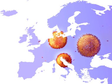 Coronavirus, Avrupa haritası, covid-19, tehlikeli grip salgını vakaları hastalık hücreleri ile ilgili sağlık risk konsepti olarak 3 boyutlu görüntüleme, semptomlar, Avrupa