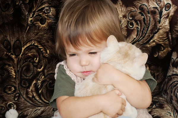 Klein meisje in haar armen kat nemen — Stockfoto