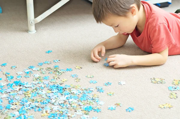 Niño jugando puzzle con animales del mundo en la portada — Foto de Stock