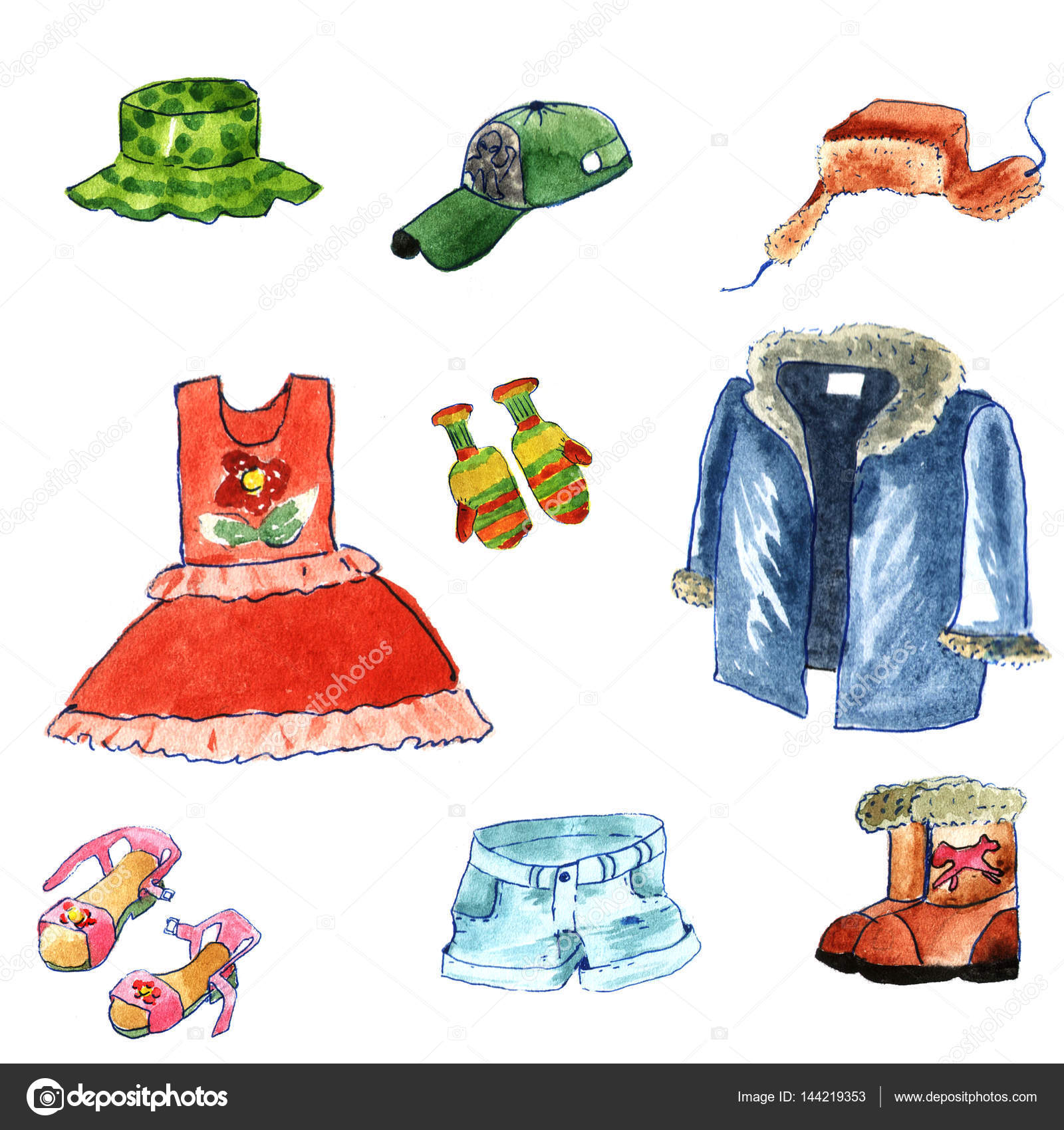 Hand drawn watercolor clothes cartoon style isolated on white background. winter and summer cloth: fur cap with ear flaps,fur coat, jackboot,dress,shorts,hat,cap and sandals Stock Photo by ©Aynur_sib 144219353 Hand drawn watercolor clothes cartoon style isolated on white background. winter and summer cloth: fur cap with ear flaps,fur coat, jackboot,dress,shorts,hat,cap and sandals Stock Photo by ©Aynur_sib 144219353