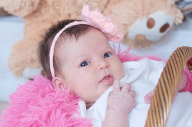 Pembe battaniye sepet, şirin portre kartı kompozisyon yatan yeni doğan bebek kız
