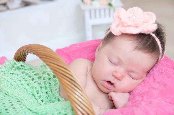 Νεογέννητο κοιμάται στο καλάθι, κοριτσάκι ξαπλωμένο σε ροζ κουβέρτα, χαριτωμένο παιδί, ανακοίνωση της κόρης — Φωτογραφία Αρχείου