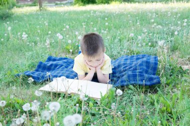 Sevimli çocuk, çocuk eğitim ve geliştirme gülümseyen mide Park, karahindiba arasında açık yatarken kitap okuma çocuk. Geri okul kavramı