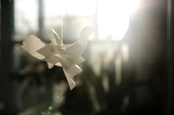 Figura de pombo de papel pássaro no fundo ensolarado em fibra em casa, conceito de paz — Fotografia de Stock
