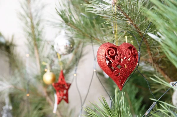 Juldekorationer - hjärtat på fir branche — Stockfoto