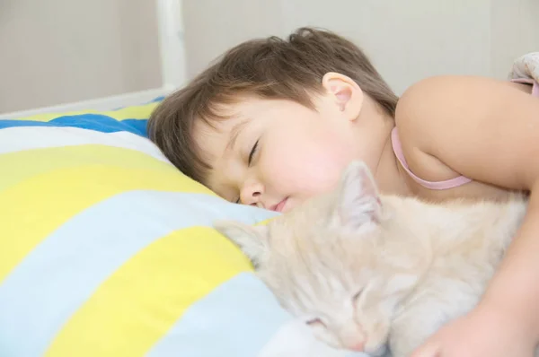Kleines Mädchen Schläft Mit Katze Lieblingstier Liegt Auf Kinderbrust — Stockfoto
