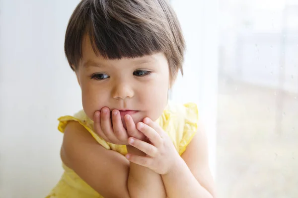 Dreaming Little Girl Portrait Leans Elbows Window Longing Something Happy — Stock Photo, Image