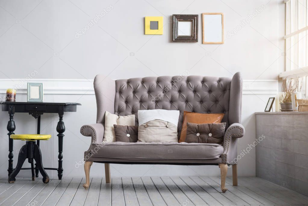 Cozy living room interior in grey colors — Stock Photo © Dmyrto_Z