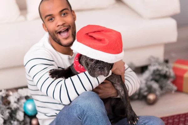 Mignon chien noir portant un chapeau de Père Noël — Photo